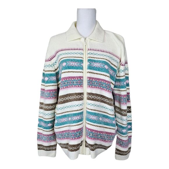 VNT 90's Alfred Dunner Fair Isle Full Zip Chenille Sweater Cardigan Plus Size 1X - Picture 1 of 8